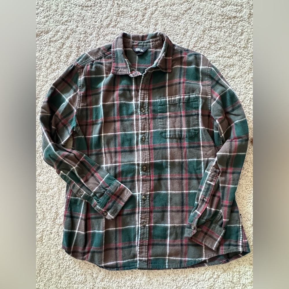Eddie Bauer Green and Brown Plaid Casual Shirt